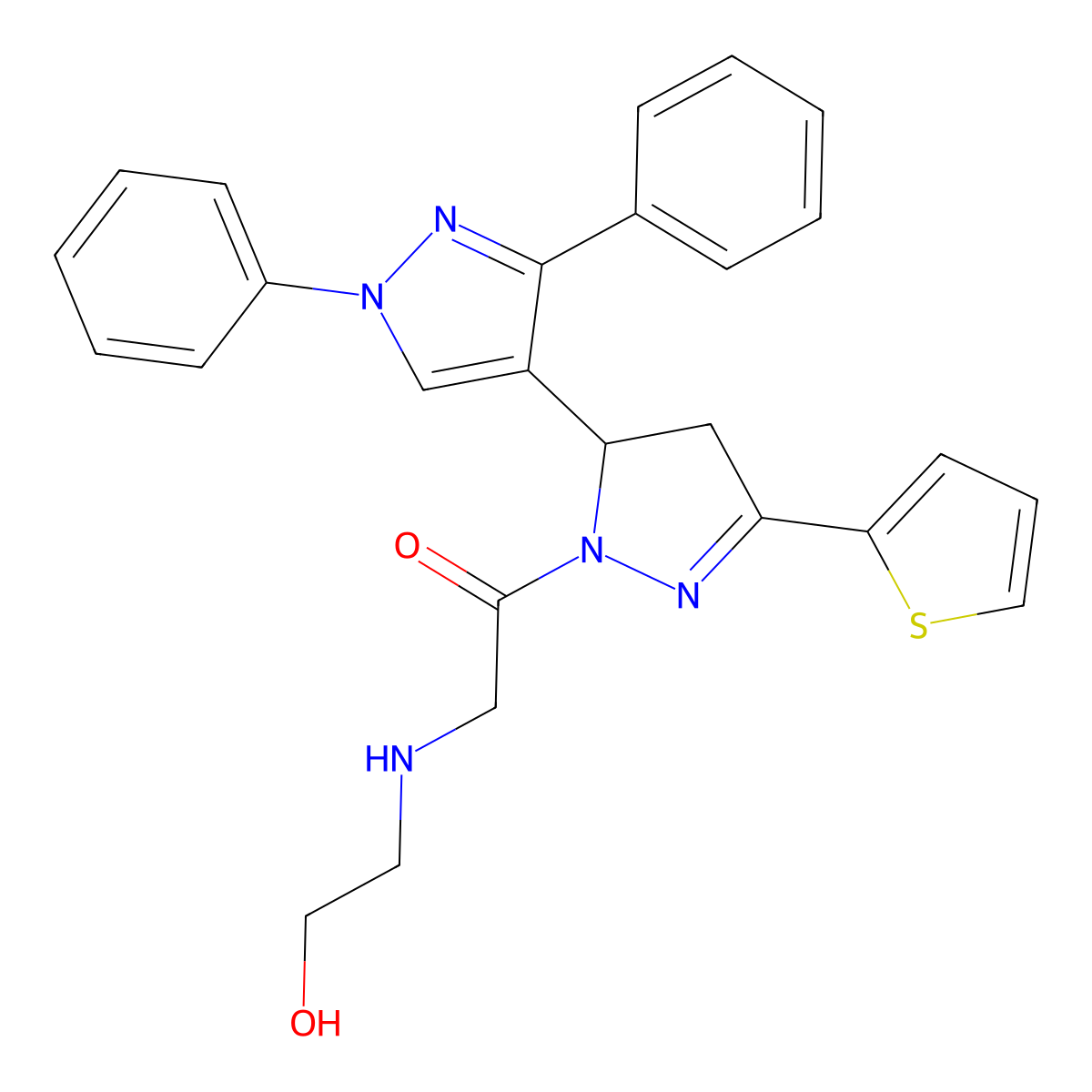1-(1',3'-diphenyl-5-(thiophen-2-yl)-3,4-dihydro-1'H,2H-[3,4'-bipyrazol]-2-yl)-2-((2-hydroxyethyl)amino)ethanone molecular structure, CAS 1010868-12-8