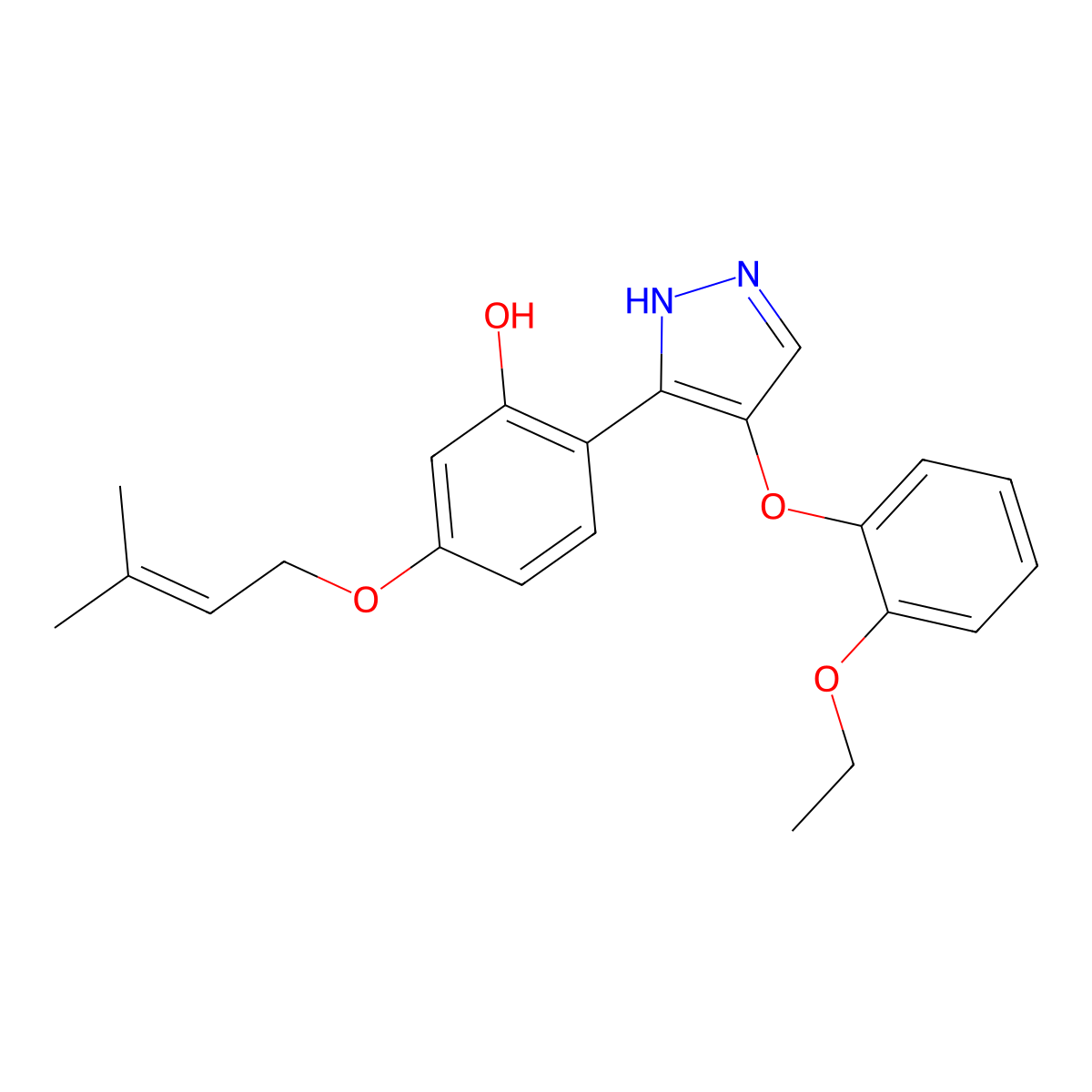 2-(4-(2-ethoxyphenoxy)-1H-pyrazol-3-yl)-5-((3-methylbut-2-en-1-yl)oxy)phenol molecular structure, CAS 1010868-15-1