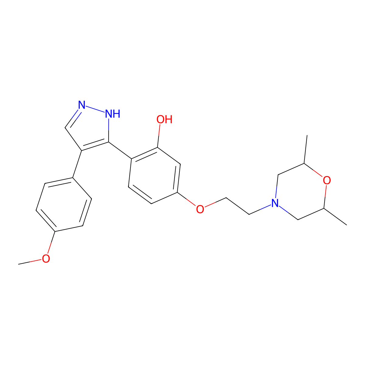 5-(2-(2,6-dimethylmorpholino)ethoxy)-2-(4-(4-methoxyphenyl)-1H-pyrazol-3-yl)phenol molecular structure, CAS 1010868-40-2