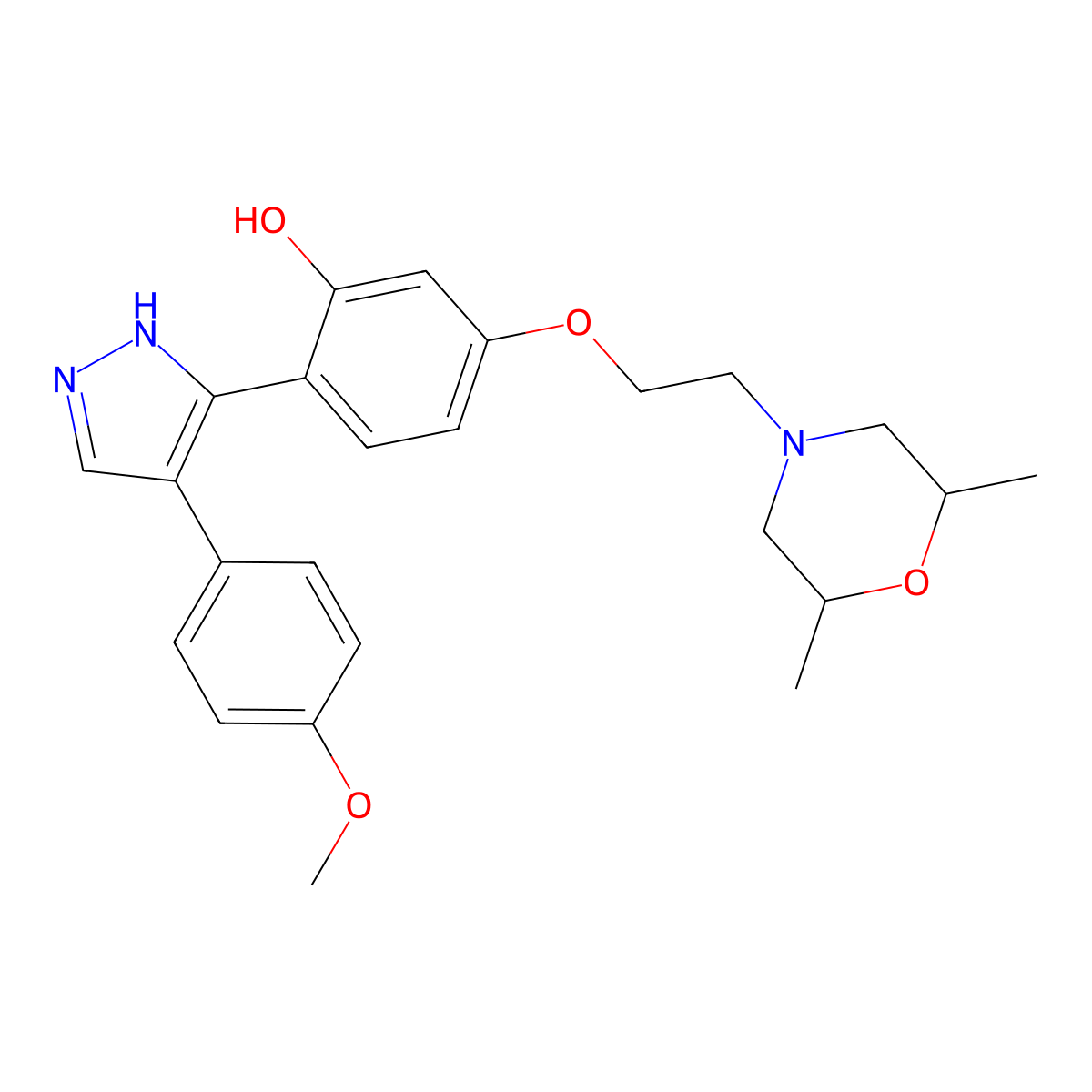 5-(2-(2,6-dimethylmorpholino)ethoxy)-2-(4-(4-methoxyphenyl)-1H-pyrazol-3-yl)phenol molecular structure, CAS 1010868-40-2