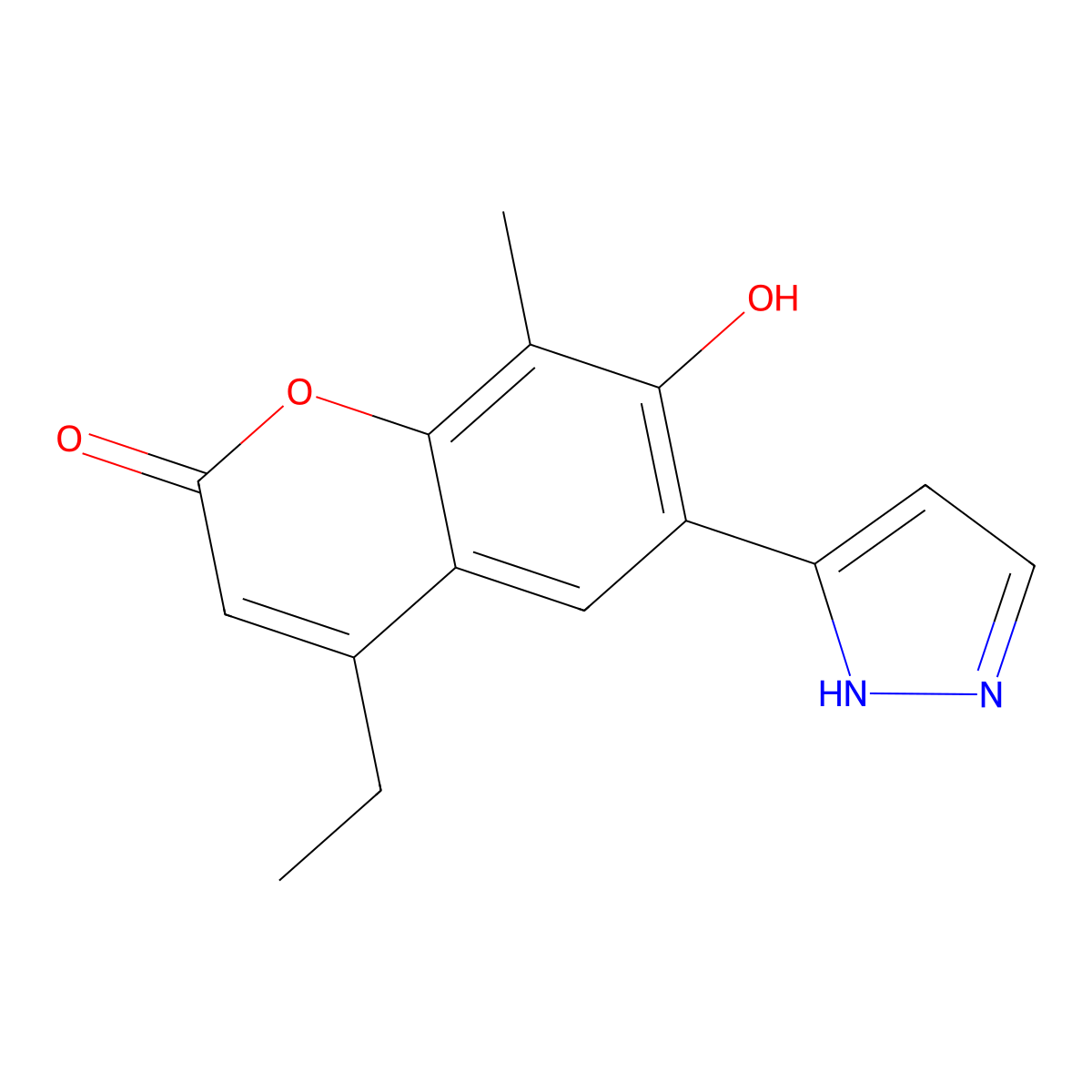 4-ethyl-7-hydroxy-8-methyl-6-(1H-pyrazol-3-yl)-2H-chromen-2-one molecular structure, CAS 1010868-41-3