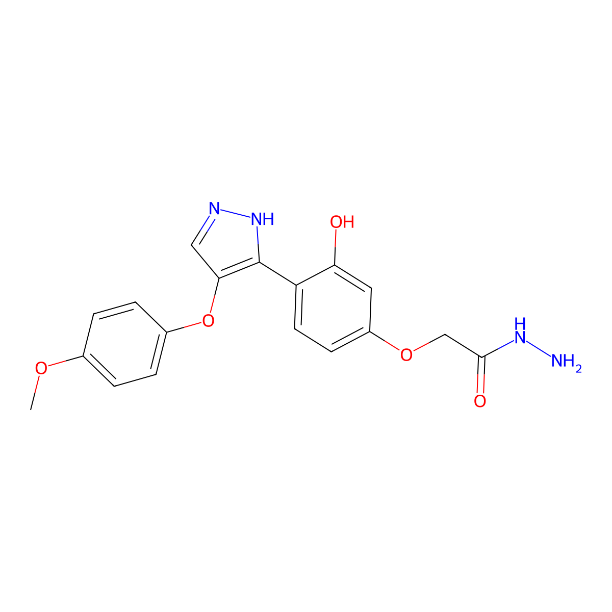 2-(3-hydroxy-4-(4-(4-methoxyphenoxy)-1H-pyrazol-3-yl)phenoxy)acetohydrazide molecular structure, CAS 1010868-56-0