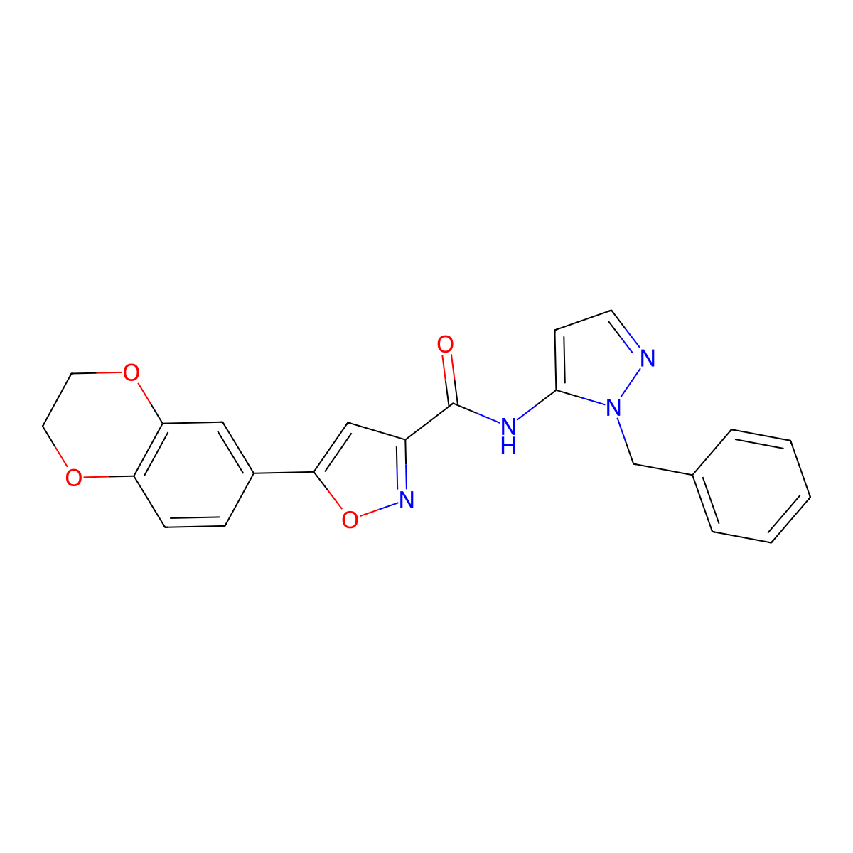 N-(1-benzyl-1H-pyrazol-5-yl)-5-(2,3-dihydro-1,4-benzodioxin-6-yl)-1,2-oxazole-3-carboxamide molecular structure, CAS 1010868-64-0