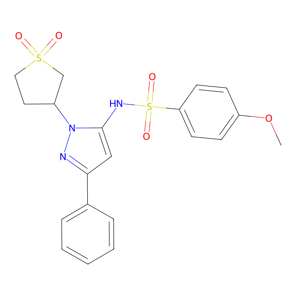 N-(1-(1,1-dioxidotetrahydrothiophen-3-yl)-3-phenyl-1H-pyrazol-5-yl)-4-methoxybenzenesulfonamide molecular structure, CAS 1010868-66-2