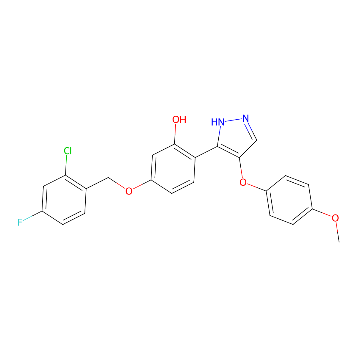 5-[(2-chloro-4-fluorobenzyl)oxy]-2-[4-(4-methoxyphenoxy)-1H-pyrazol-5-yl]phenol molecular structure, CAS 1010869-07-4