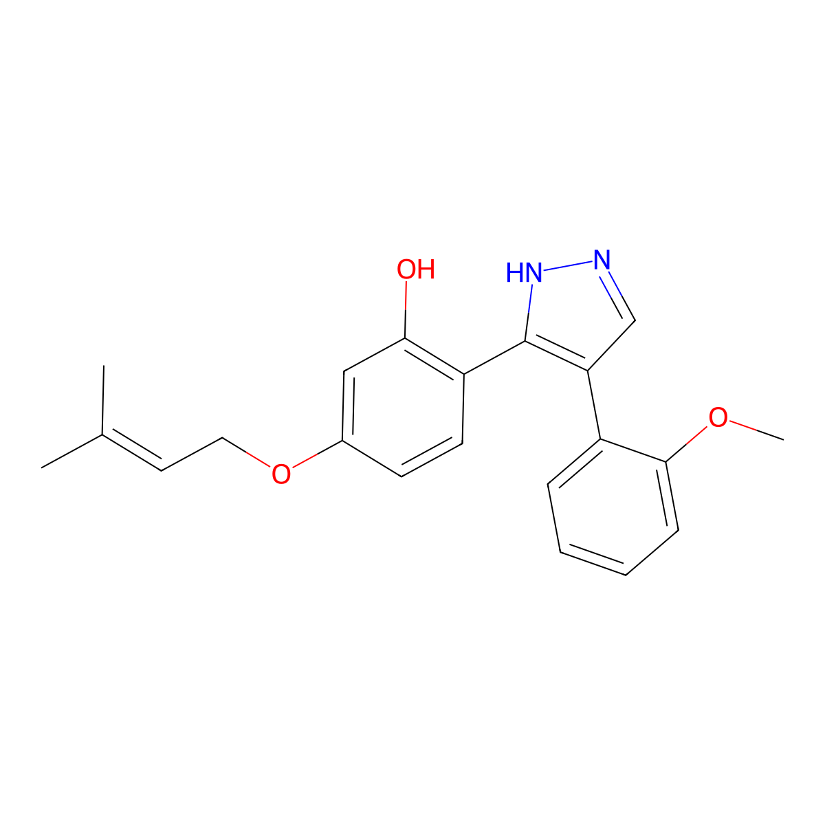 2-(4-(2-methoxyphenyl)-1H-pyrazol-3-yl)-5-((3-methylbut-2-en-1-yl)oxy)phenol molecular structure, CAS 1010869-21-2