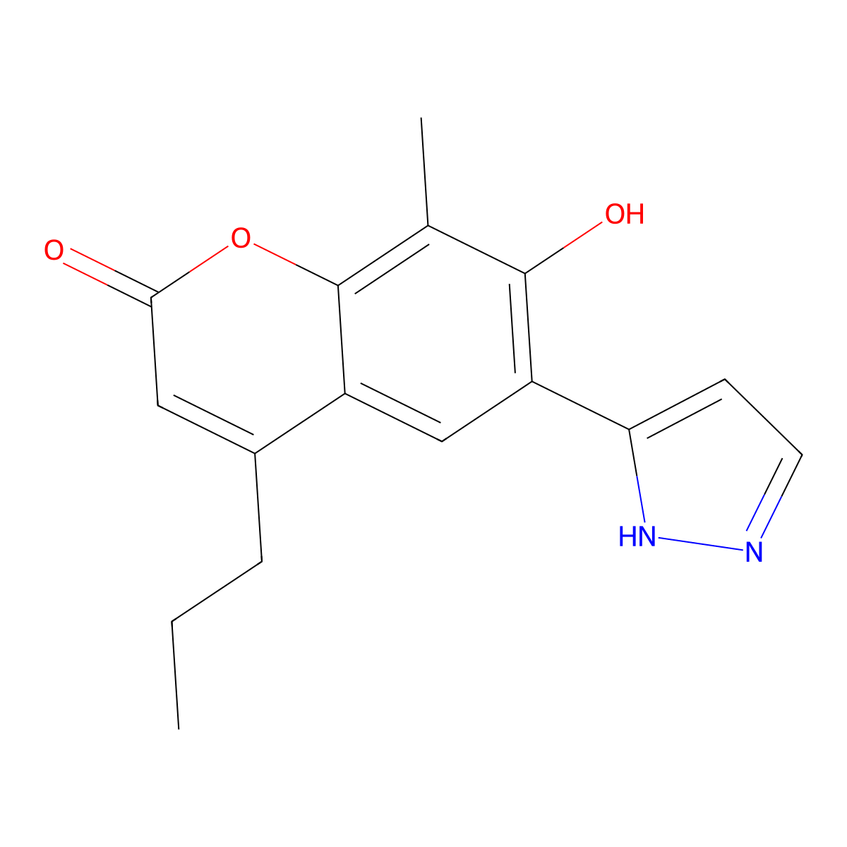 7-hydroxy-8-methyl-4-propyl-6-(1H-pyrazol-5-yl)-2H-chromen-2-one molecular structure, CAS 1010869-38-1