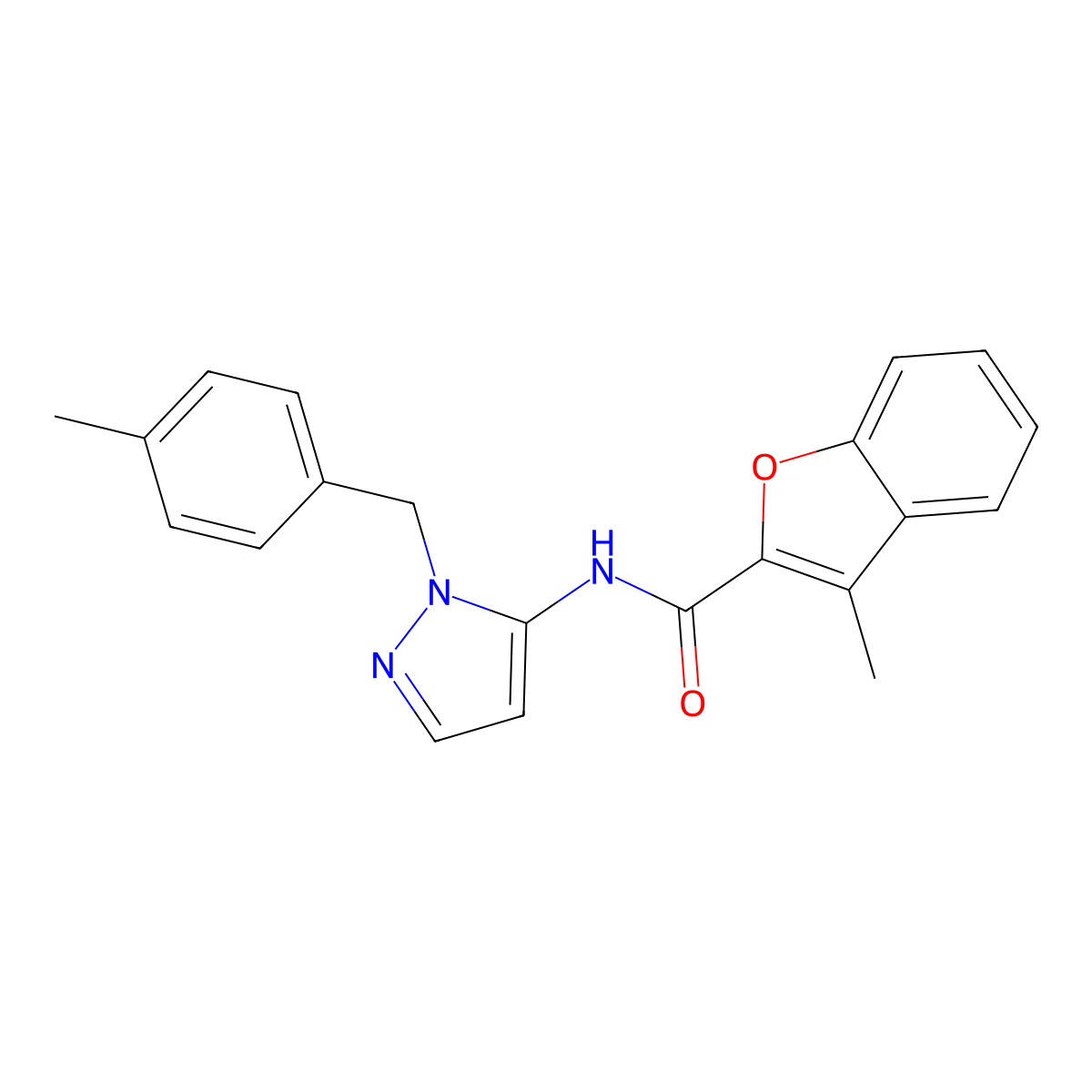 3-methyl-N-[1-(4-methylbenzyl)-1H-pyrazol-5-yl]-1-benzofuran-2-carboxamide molecular structure, CAS 1010869-68-7