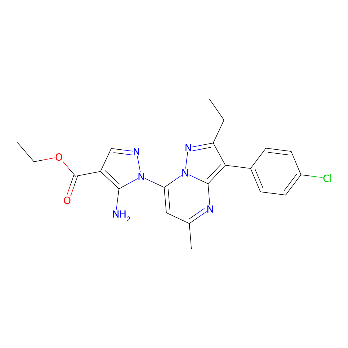 ethyl 5-amino-1-[3-(4-chlorophenyl)-2-ethyl-5-methylpyrazolo[1,5-a]pyrimidin-7-yl]-1H-pyrazole-4-carboxylate molecular structure, CAS 1010869-74-5