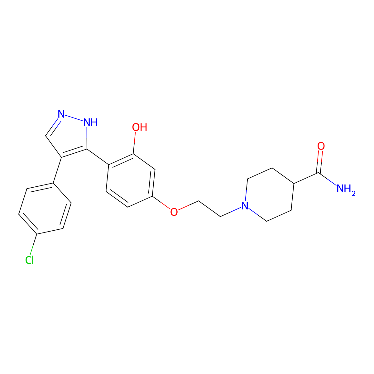 1-(2-(4-(4-(4-chlorophenyl)-1H-pyrazol-3-yl)-3-hydroxyphenoxy)ethyl)piperidine-4-carboxamide molecular structure, CAS 1010869-90-5