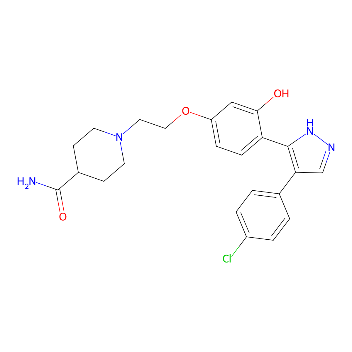 1-(2-(4-(4-(4-chlorophenyl)-1H-pyrazol-3-yl)-3-hydroxyphenoxy)ethyl)piperidine-4-carboxamide molecular structure, CAS 1010869-90-5