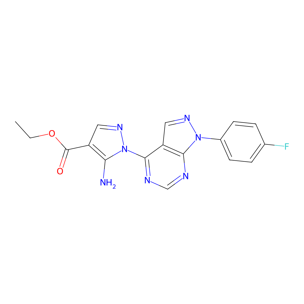 ethyl 5-amino-1-[1-(4-fluorophenyl)-1H-pyrazolo[3,4-d]pyrimidin-4-yl]-1H-pyrazole-4-carboxylate molecular structure, CAS 1010870-04-8