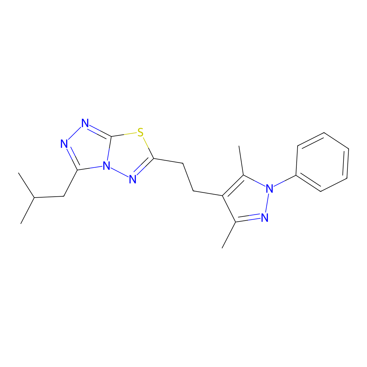 6-[2-(3,5-dimethyl-1-phenyl-1H-pyrazol-4-yl)ethyl]-3-(2-methylpropyl)[1,2,4]triazolo[3,4-b][1,3,4]thiadiazole molecular structure, CAS 1010870-06-0