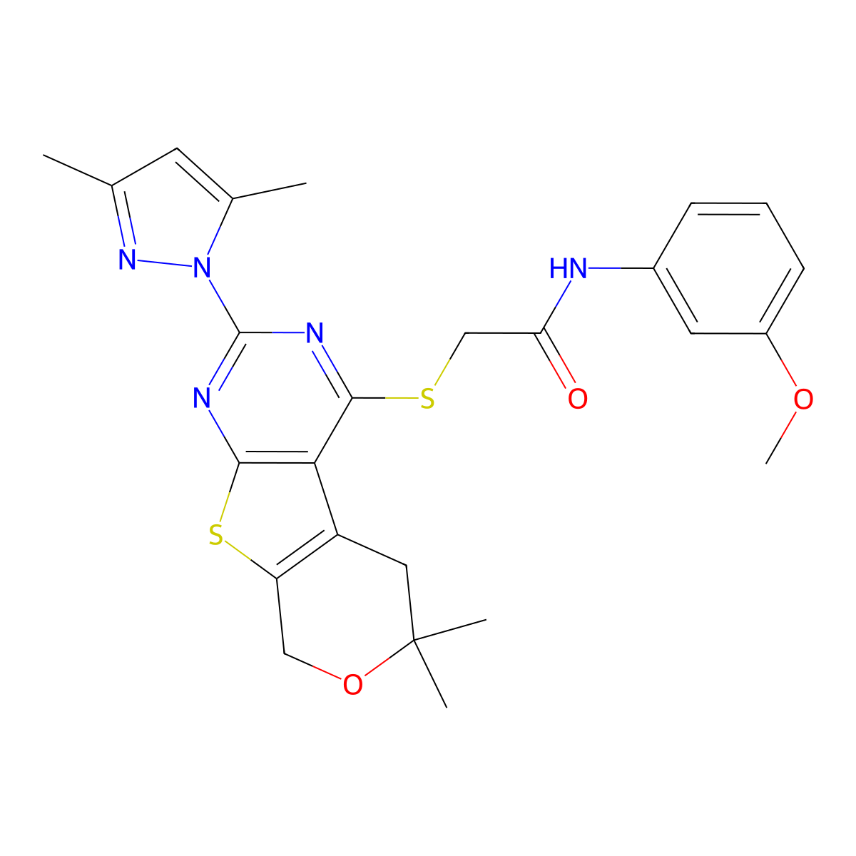 2-[[5-(3,5-dimethylpyrazol-1-yl)-12,12-dimethyl-11-oxa-8-thia-4,6-diazatricyclo[7.4.0.02,7]trideca-1(9),2(7),3,5-tetraen-3-yl]sulfanyl]-N-(3-methoxyphenyl)acetamide molecular structure, CAS 1010870-14-0