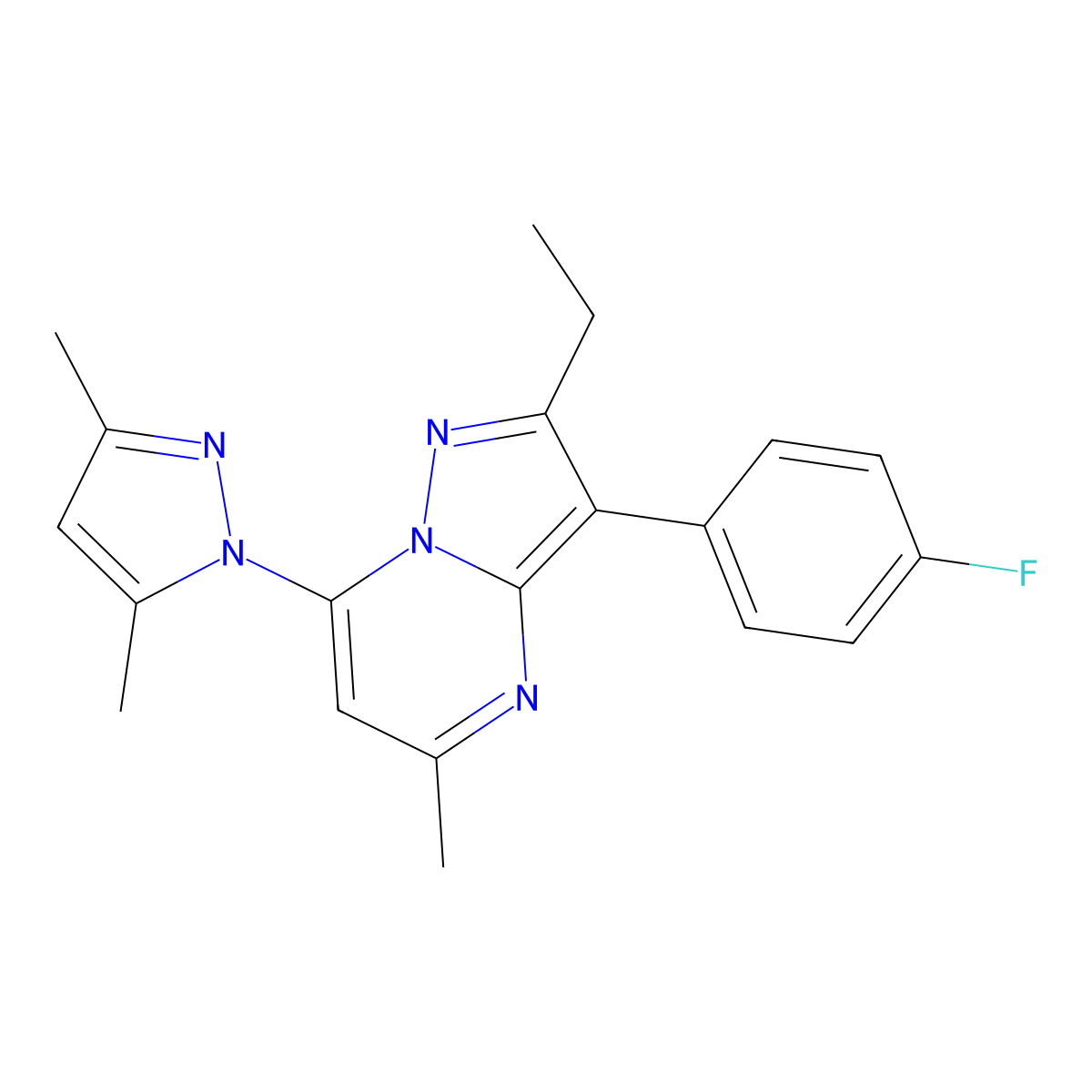 7-(3,5-dimethyl-1H-pyrazol-1-yl)-2-ethyl-3-(4-fluorophenyl)-5-methylpyrazolo[1,5-a]pyrimidine molecular structure, CAS 1010870-25-3