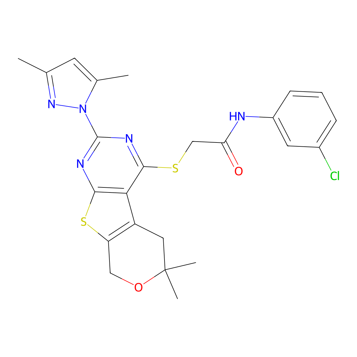 N-(3-chlorophenyl)-2-[[5-(3,5-dimethylpyrazol-1-yl)-12,12-dimethyl-11-oxa-8-thia-4,6-diazatricyclo[7.4.0.02,7]trideca-1(9),2(7),3,5-tetraen-3-yl]sulfanyl]acetamide molecular structure, CAS 1010870-26-4