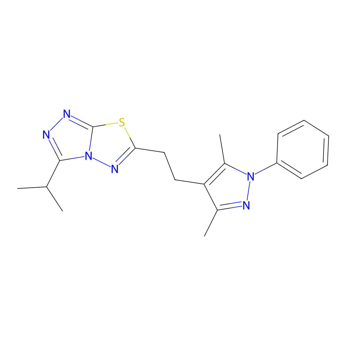 6-[2-(3,5-dimethyl-1-phenyl-1H-pyrazol-4-yl)ethyl]-3-(propan-2-yl)[1,2,4]triazolo[3,4-b][1,3,4]thiadiazole molecular structure, CAS 1010870-33-3