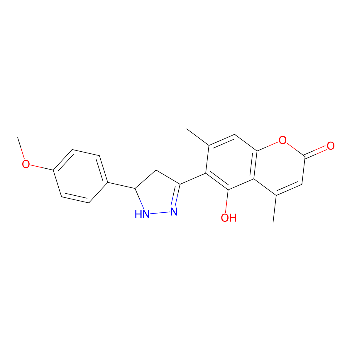 5-hydroxy-6-[5-(4-methoxyphenyl)-4,5-dihydro-1H-pyrazol-3-yl]-4,7-dimethyl-2H-chromen-2-one molecular structure, CAS 1010870-66-2