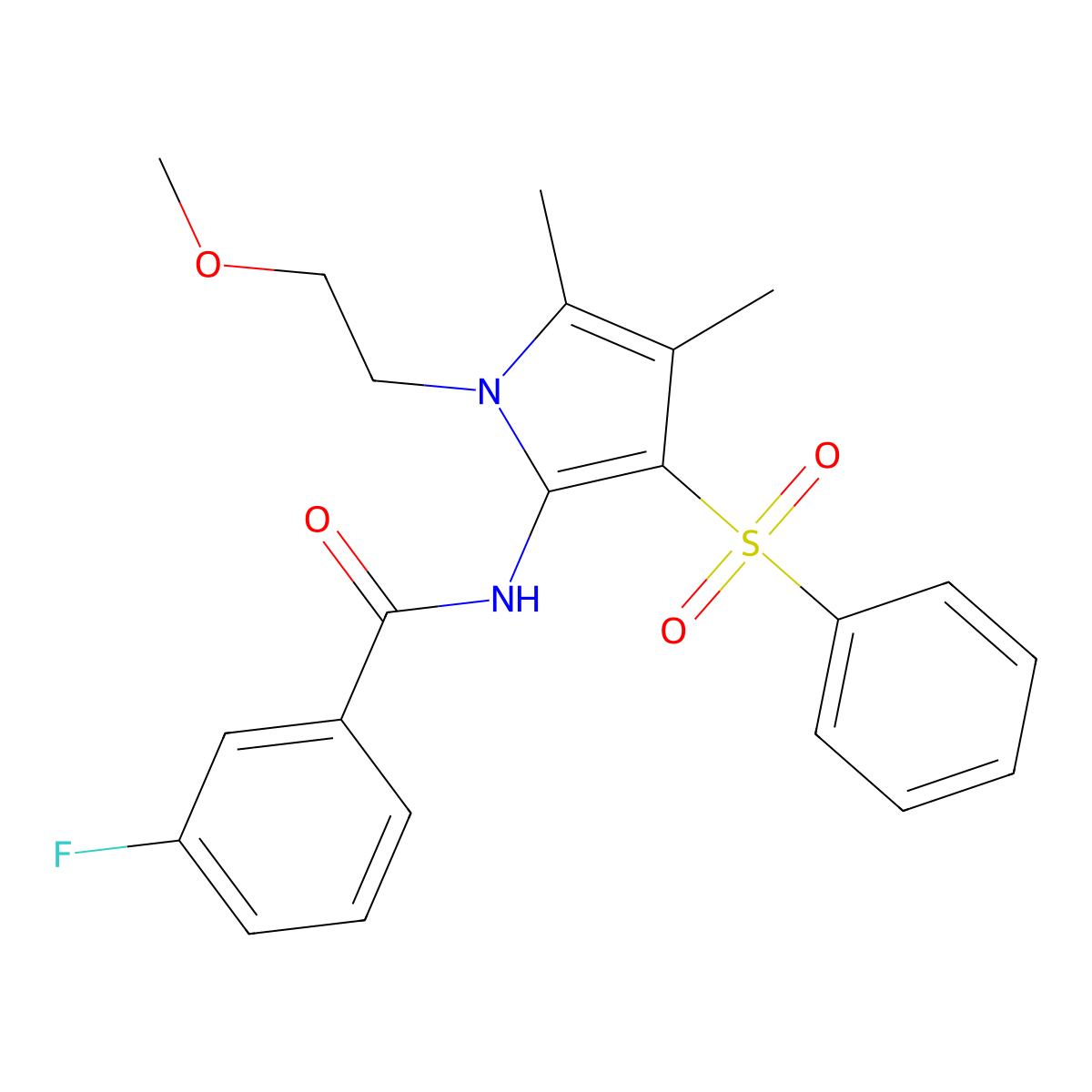 3-fluoro-N-[1-(2-methoxyethyl)-4,5-dimethyl-3-(phenylsulfonyl)-1H-pyrrol-2-yl]benzamide molecular structure, CAS 1010870-94-6