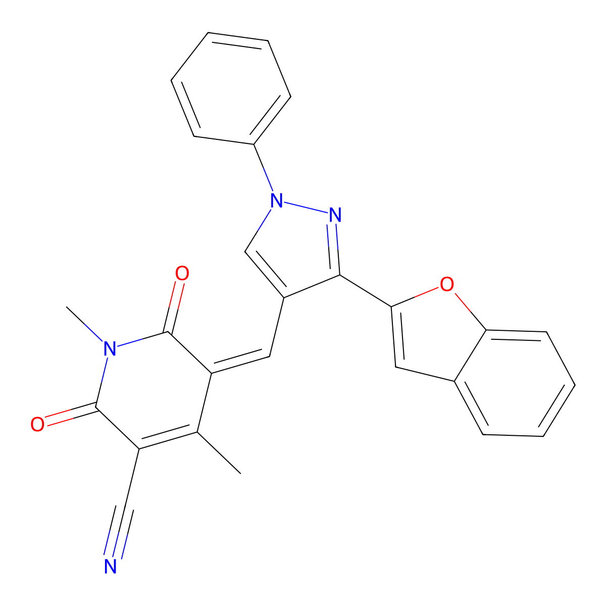 5-[[3-(1-Benzofuran-2-yl)-1-phenylpyrazol-4-yl]methylidene]-1,4-dimethyl-2,6-dioxopyridine-3-carbonitrile molecular structure, CAS 1010871-86-9