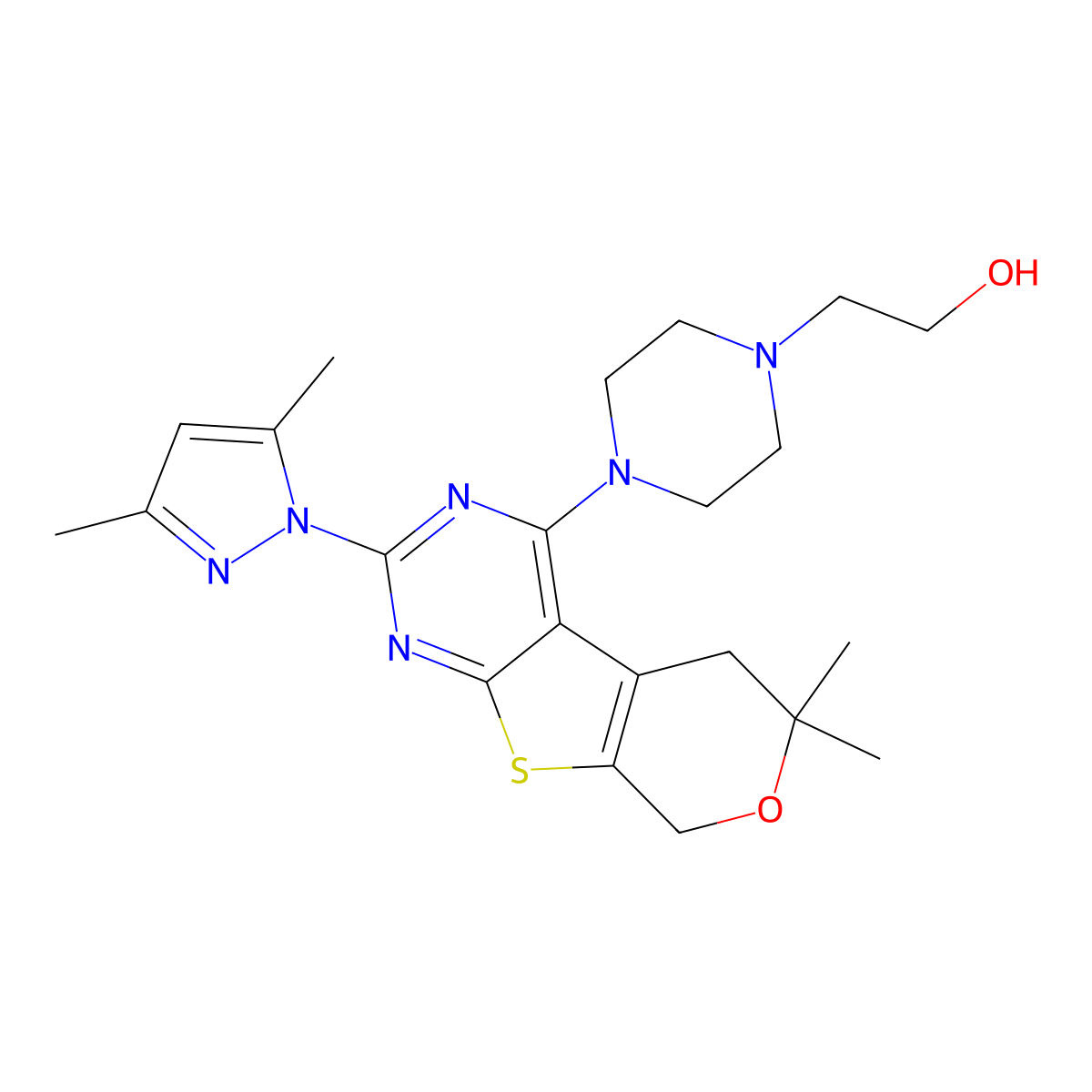 2-[4-[5-(3,5-Dimethylpyrazol-1-yl)-12,12-dimethyl-11-oxa-8-thia-4,6-diazatricyclo[7.4.0.02,7]trideca-1(9),2,4,6-tetraen-3-yl]piperazin-1-yl]ethanol molecular structure, CAS 1010871-96-1