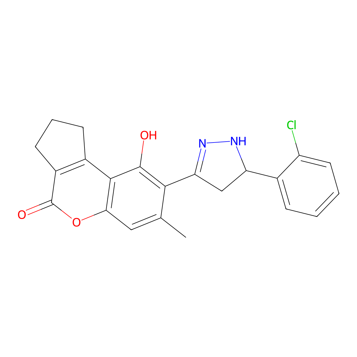 8-[5-(2-chlorophenyl)-4,5-dihydro-1H-pyrazol-3-yl]-9-hydroxy-7-methyl-2,3-dihydrocyclopenta[c]chromen-4(1H)-one molecular structure, CAS 1010871-97-2
