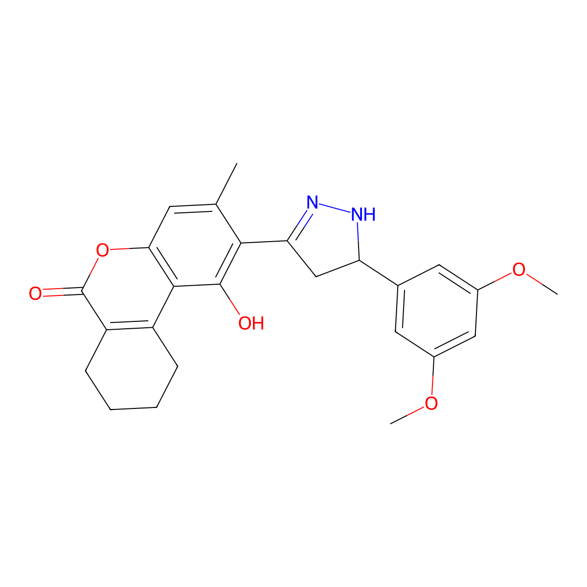 2-[5-(3,5-dimethoxyphenyl)-4,5-dihydro-1H-pyrazol-3-yl]-1-hydroxy-3-methyl-7,8,9,10-tetrahydro-6H-benzo[c]chromen-6-one molecular structure, CAS 1010872-57-7