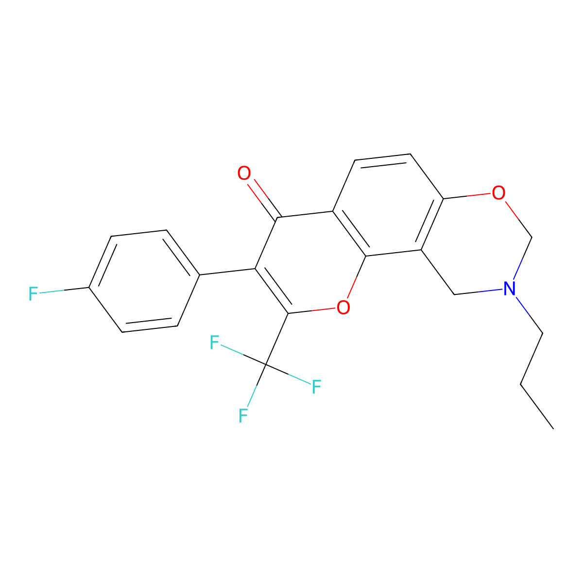 3-(4-fluorophenyl)-9-propyl-2-(trifluoromethyl)-9,10-dihydrochromeno[8,7-e][1,3]oxazin-4(8H)-one molecular structure, CAS 1010872-68-0