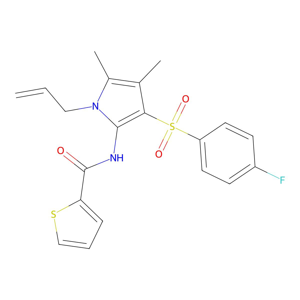 N-{3-[(4-fluorophenyl)sulfonyl]-4,5-dimethyl-1-(prop-2-en-1-yl)-1H-pyrrol-2-yl}thiophene-2-carboxamide molecular structure, CAS 1010872-78-2