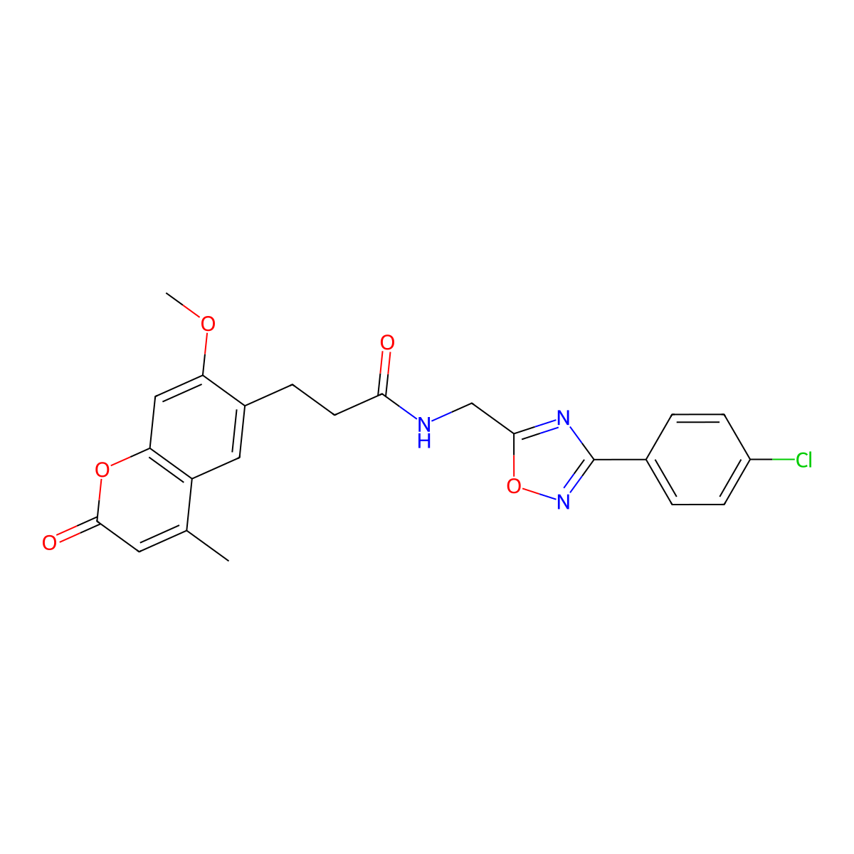 N-((3-(4-chlorophenyl)-1,2,4-oxadiazol-5-yl)methyl)-3-(7-methoxy-4-methyl-2-oxo-2H-chromen-6-yl)propanamide molecular structure, CAS 1010874-50-6