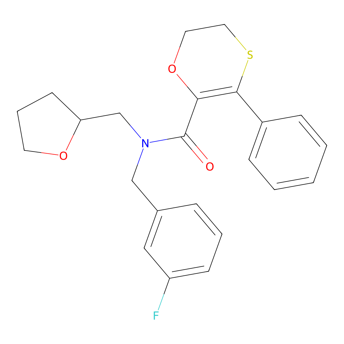 N-(3-fluorobenzyl)-3-phenyl-N-(tetrahydrofuran-2-ylmethyl)-5,6-dihydro-1,4-oxathiine-2-carboxamide molecular structure, CAS 1010874-91-5