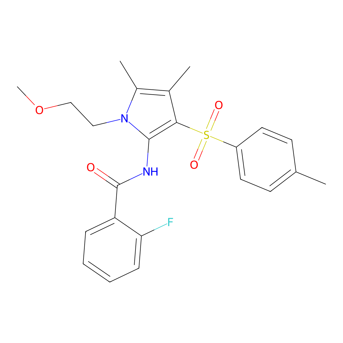 2-fluoro-N-{1-(2-methoxyethyl)-4,5-dimethyl-3-[(4-methylphenyl)sulfonyl]-1H-pyrrol-2-yl}benzamide molecular structure, CAS 1010876-11-5