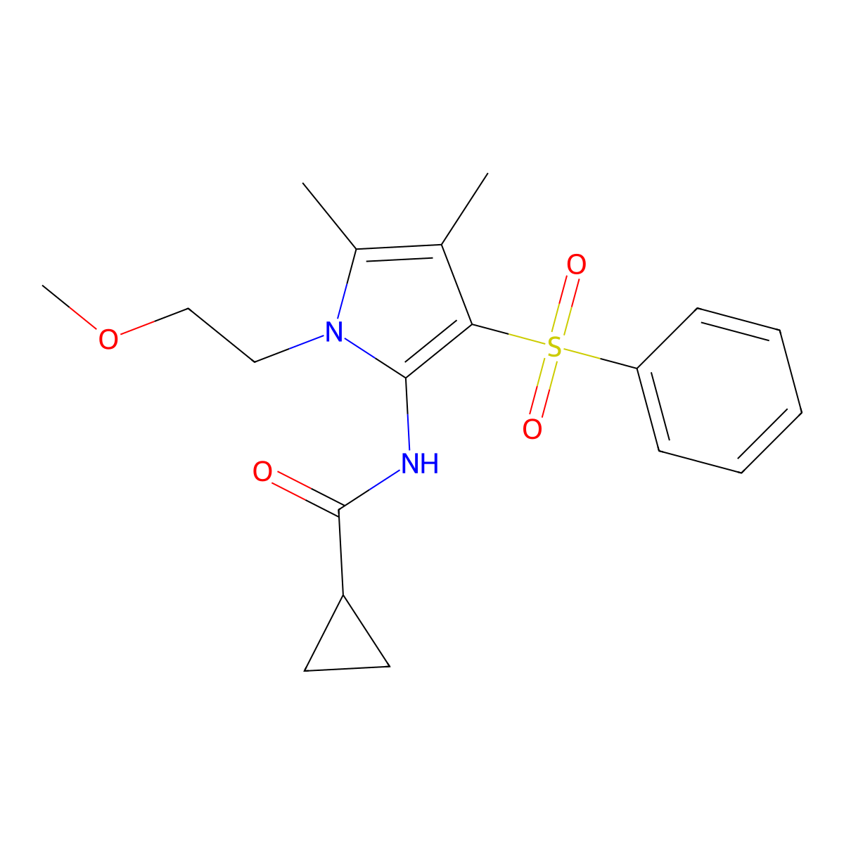 N-[1-(2-methoxyethyl)-4,5-dimethyl-3-(phenylsulfonyl)-1H-pyrrol-2-yl]cyclopropanecarboxamide molecular structure, CAS 1010876-15-9