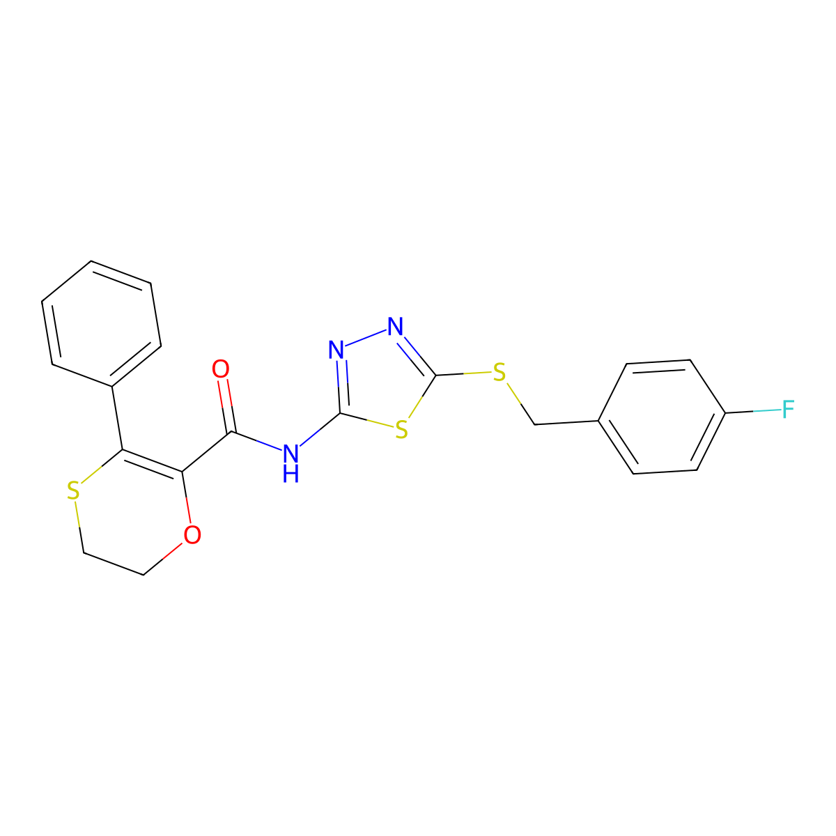 N-[(2Z)-5-[(4-fluorobenzyl)sulfanyl]-1,3,4-thiadiazol-2(3H)-ylidene]-3-phenyl-5,6-dihydro-1,4-oxathiine-2-carboxamide molecular structure, CAS 1010876-50-2