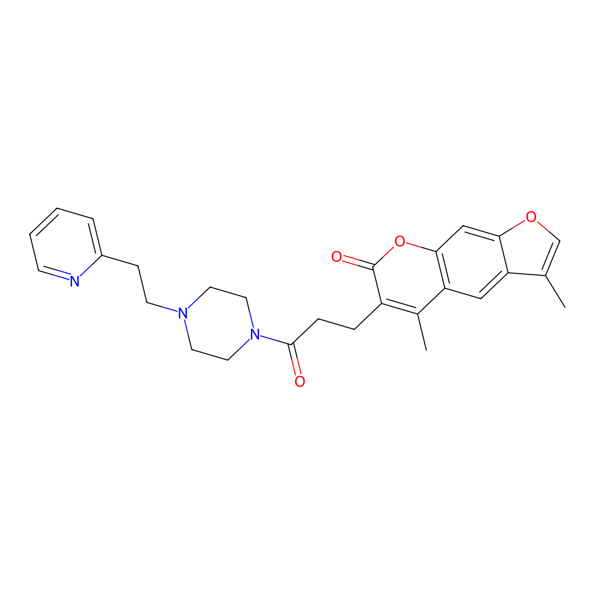 3,5-dimethyl-6-(3-oxo-3-{4-[2-(2-pyridyl)ethyl]piperazino}propyl)-7H-furo[3,2-g]chromen-7-one molecular structure, CAS 1010877-25-4