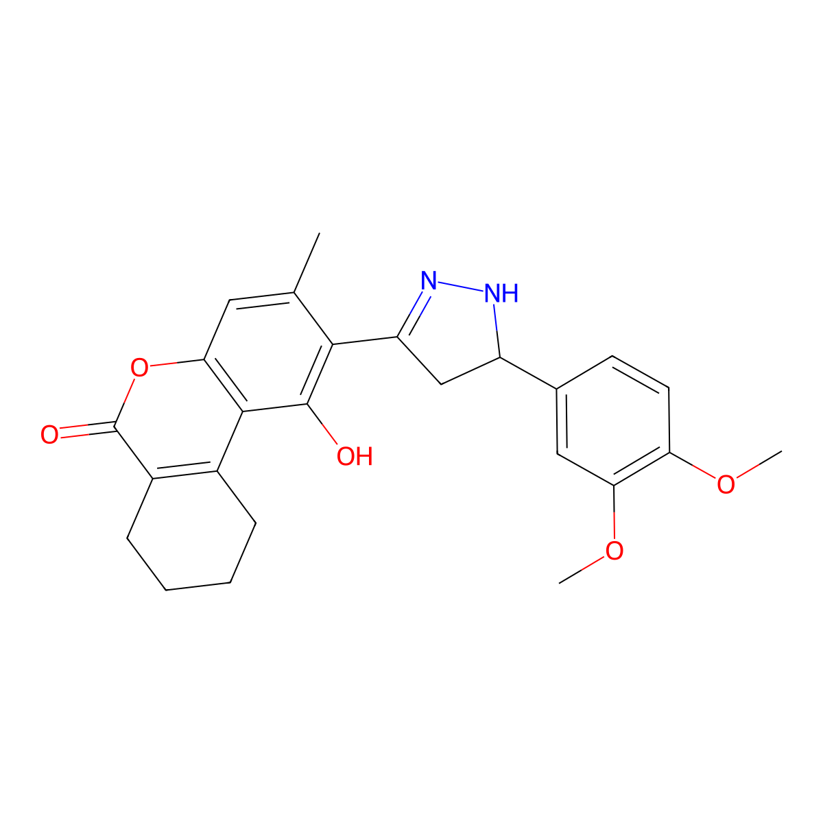 2-[5-(3,4-dimethoxyphenyl)-4,5-dihydro-1H-pyrazol-3-yl]-1-hydroxy-3-methyl-7,8,9,10-tetrahydro-6H-benzo[c]chromen-6-one molecular structure, CAS 1010877-45-8