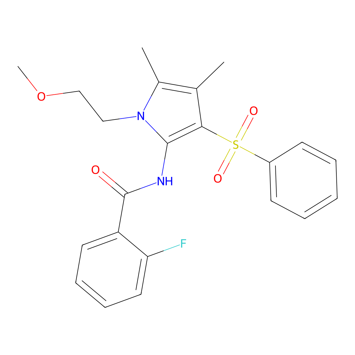2-fluoro-N-[1-(2-methoxyethyl)-4,5-dimethyl-3-(phenylsulfonyl)-1H-pyrrol-2-yl]benzamide molecular structure, CAS 1010878-16-6