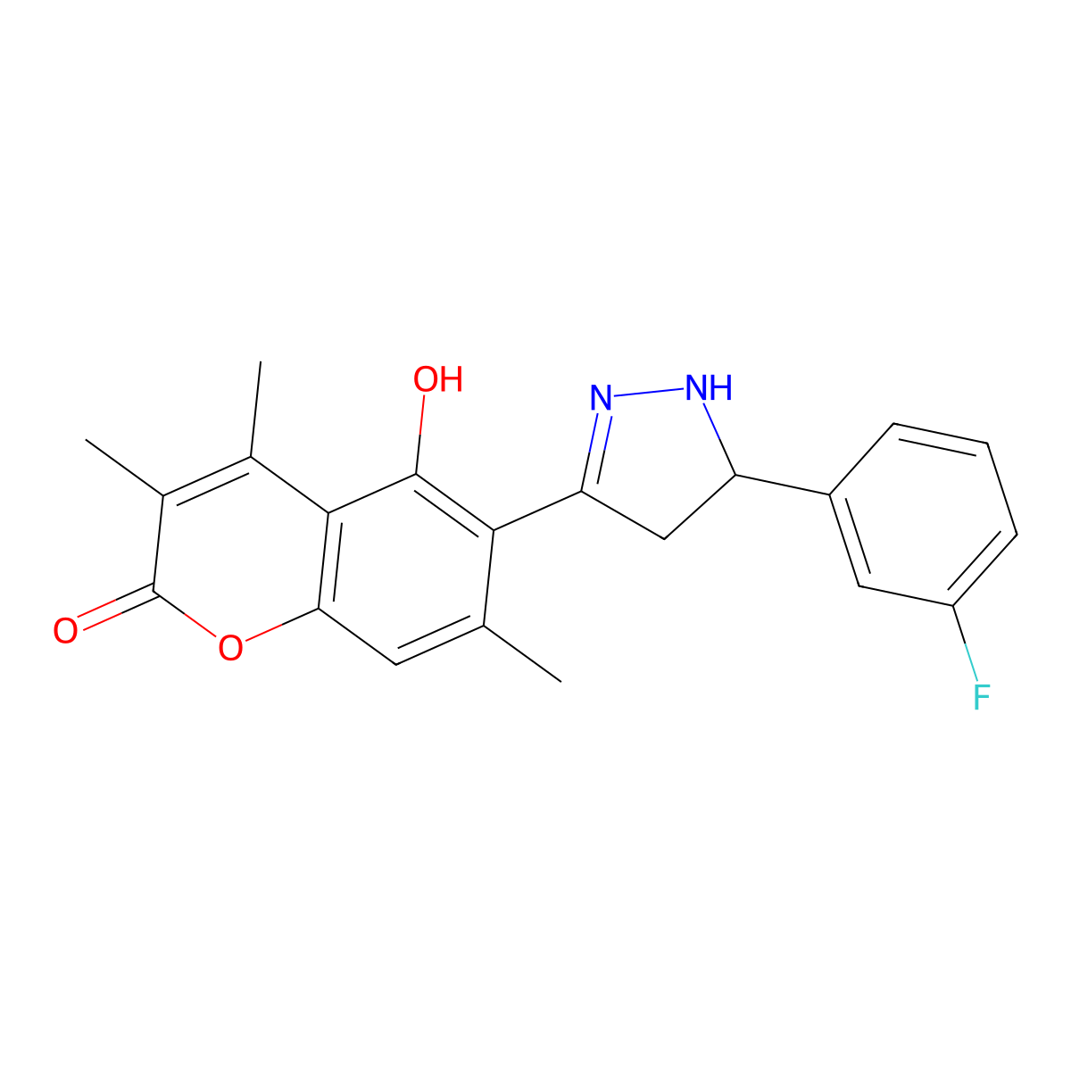 6-[5-(3-fluorophenyl)-4,5-dihydro-1H-pyrazol-3-yl]-5-hydroxy-3,4,7-trimethyl-2H-chromen-2-one molecular structure, CAS 1010878-87-1