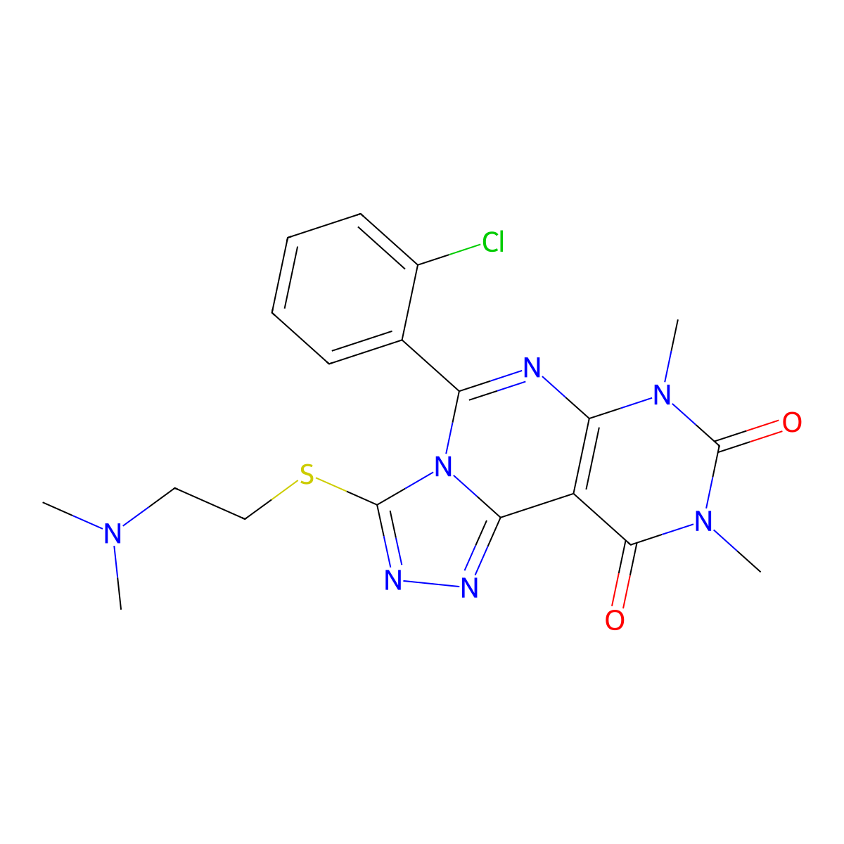 5-(2-chlorophenyl)-3-{[2-(dimethylamino)ethyl]sulfanyl}-7,9-dimethylpyrimido[5,4-e][1,2,4]triazolo[4,3-c]pyrimidine-8,10(7H,9H)-dione molecular structure, CAS 1010879-61-4