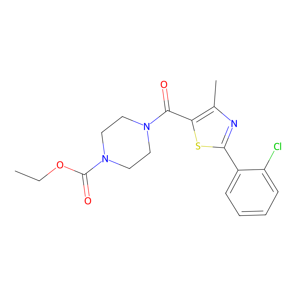 Ethyl 4-{[2-(2-chlorophenyl)-4-methyl-1,3-thiazol-5-yl]carbonyl}piperazine-1-carboxylate molecular structure, CAS 1010879-90-9