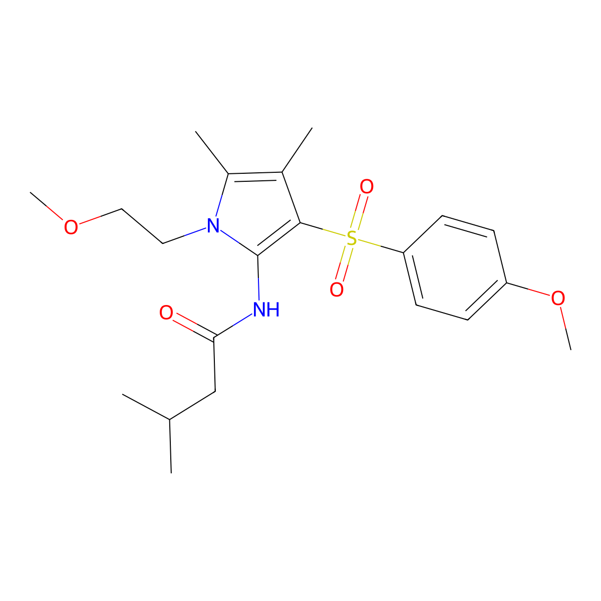 N-{1-(2-methoxyethyl)-3-[(4-methoxyphenyl)sulfonyl]-4,5-dimethyl-1H-pyrrol-2-yl}-3-methylbutanamide molecular structure, CAS 1010879-92-1