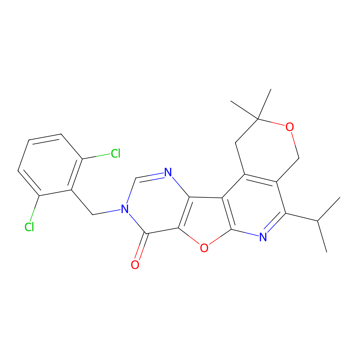 9-(2,6-dichlorobenzyl)-5-isopropyl-2,2-dimethyl-4,9-dihydro-1H-pyrano[4'',3'':4',5']pyrido[3',2':4,5]furo[3,2-d]pyrimidin-8(2H)-one molecular structure, CAS 1010880-38-2