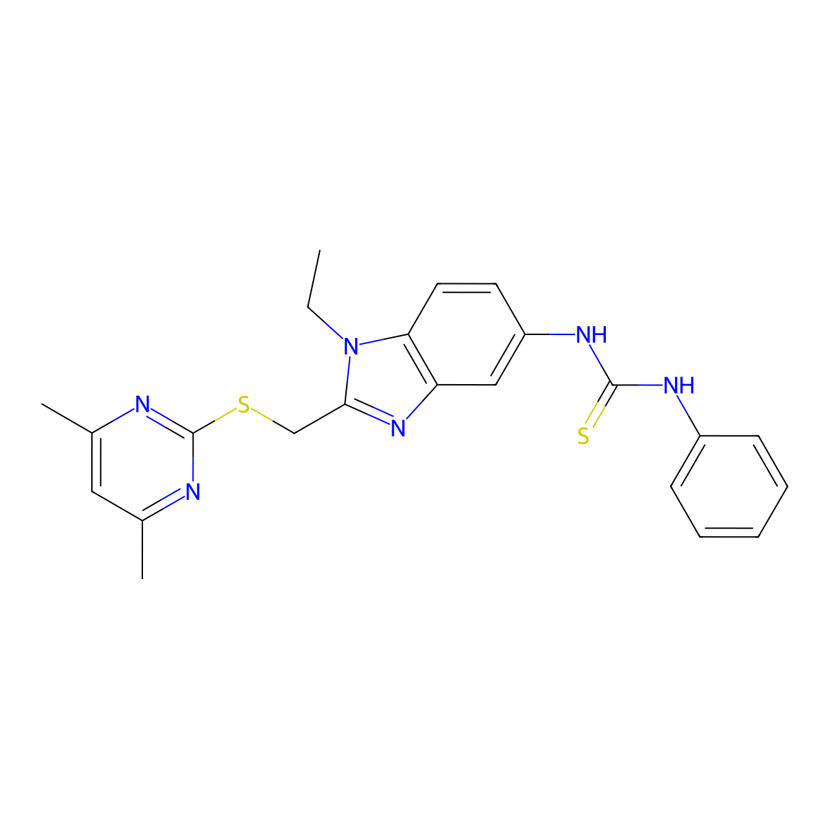 1-(2-{[(4,6-dimethylpyrimidin-2-yl)sulfanyl]methyl}-1-ethyl-1H-benzimidazol-5-yl)-3-phenylthiourea molecular structure, CAS 1010881-11-4
