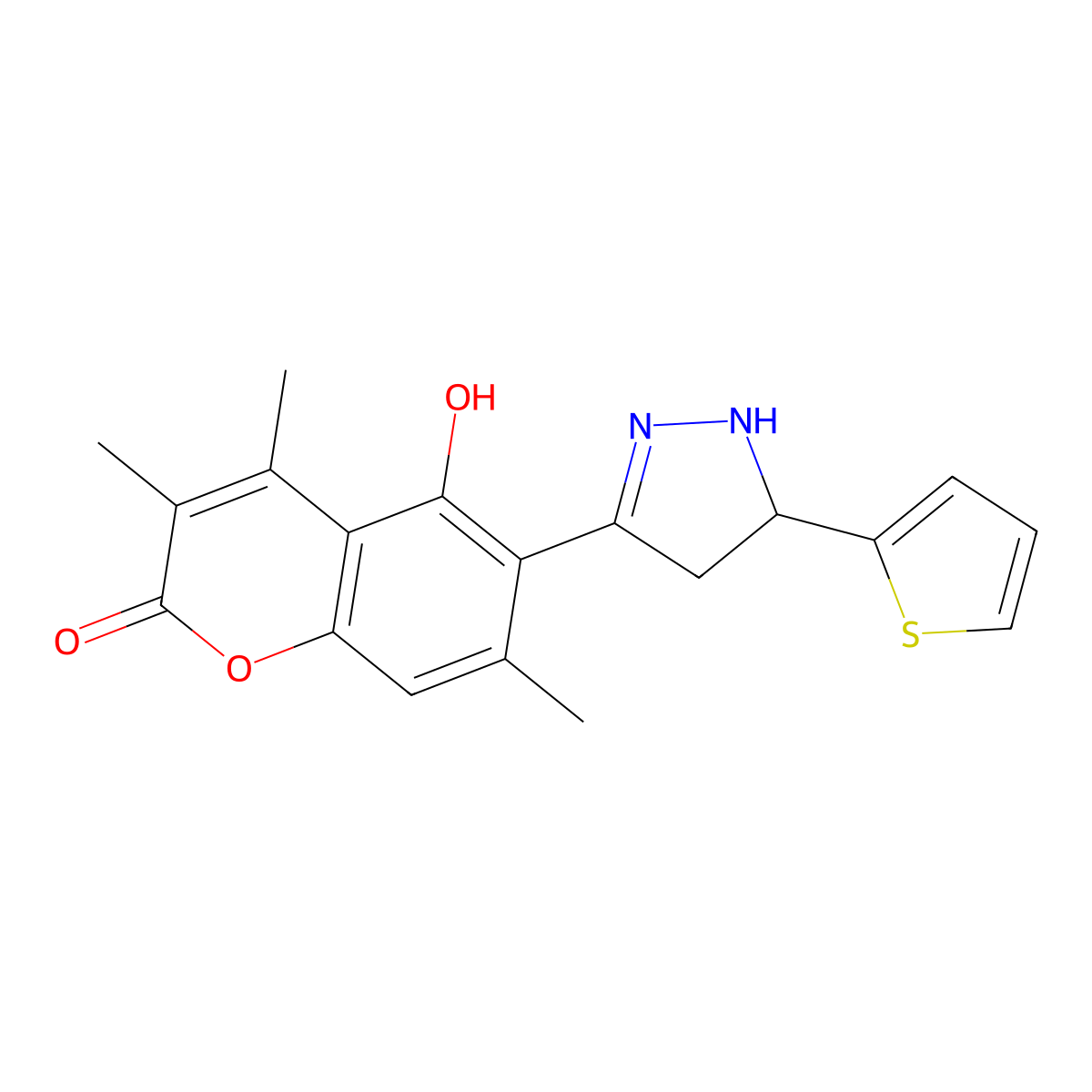5-hydroxy-3,4,7-trimethyl-6-[5-(thiophen-2-yl)-4,5-dihydro-1H-pyrazol-3-yl]-2H-chromen-2-one molecular structure, CAS 1010881-44-3