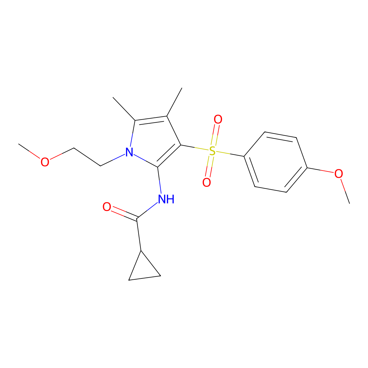 N-{1-(2-methoxyethyl)-3-[(4-methoxyphenyl)sulfonyl]-4,5-dimethyl-1H-pyrrol-2-yl}cyclopropanecarboxamide molecular structure, CAS 1010881-52-3