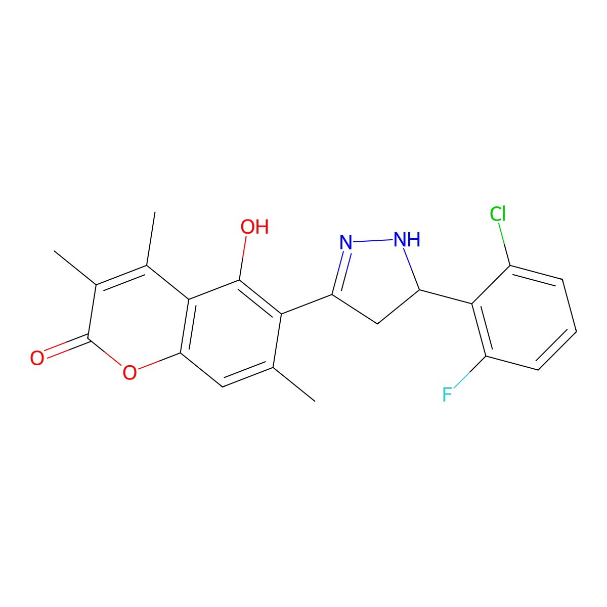 6-[5-(2-chloro-6-fluorophenyl)-4,5-dihydro-1H-pyrazol-3-yl]-5-hydroxy-3,4,7-trimethyl-2H-chromen-2-one molecular structure, CAS 1010881-60-3