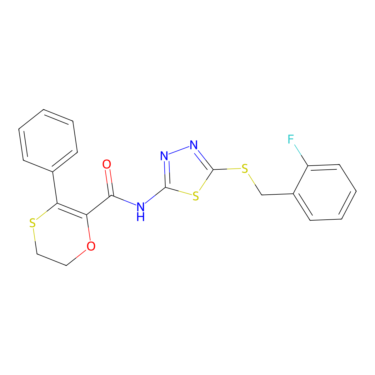 N-[(2Z)-5-[(2-fluorobenzyl)sulfanyl]-1,3,4-thiadiazol-2(3H)-ylidene]-3-phenyl-5,6-dihydro-1,4-oxathiine-2-carboxamide molecular structure, CAS 1010881-86-3