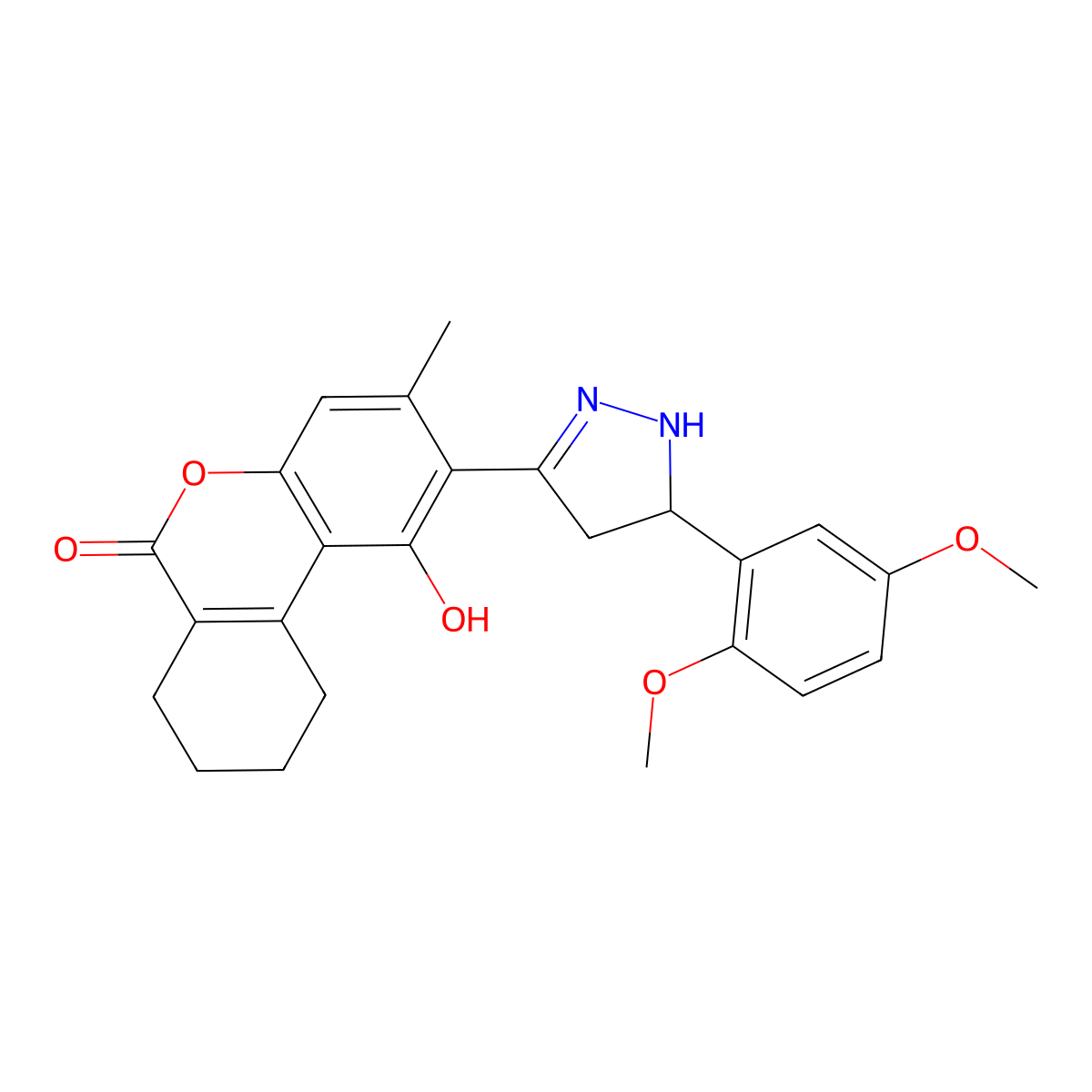 2-[5-(2,5-dimethoxyphenyl)-4,5-dihydro-1H-pyrazol-3-yl]-1-hydroxy-3-methyl-7,8,9,10-tetrahydro-6H-benzo[c]chromen-6-one molecular structure, CAS 1010881-91-0