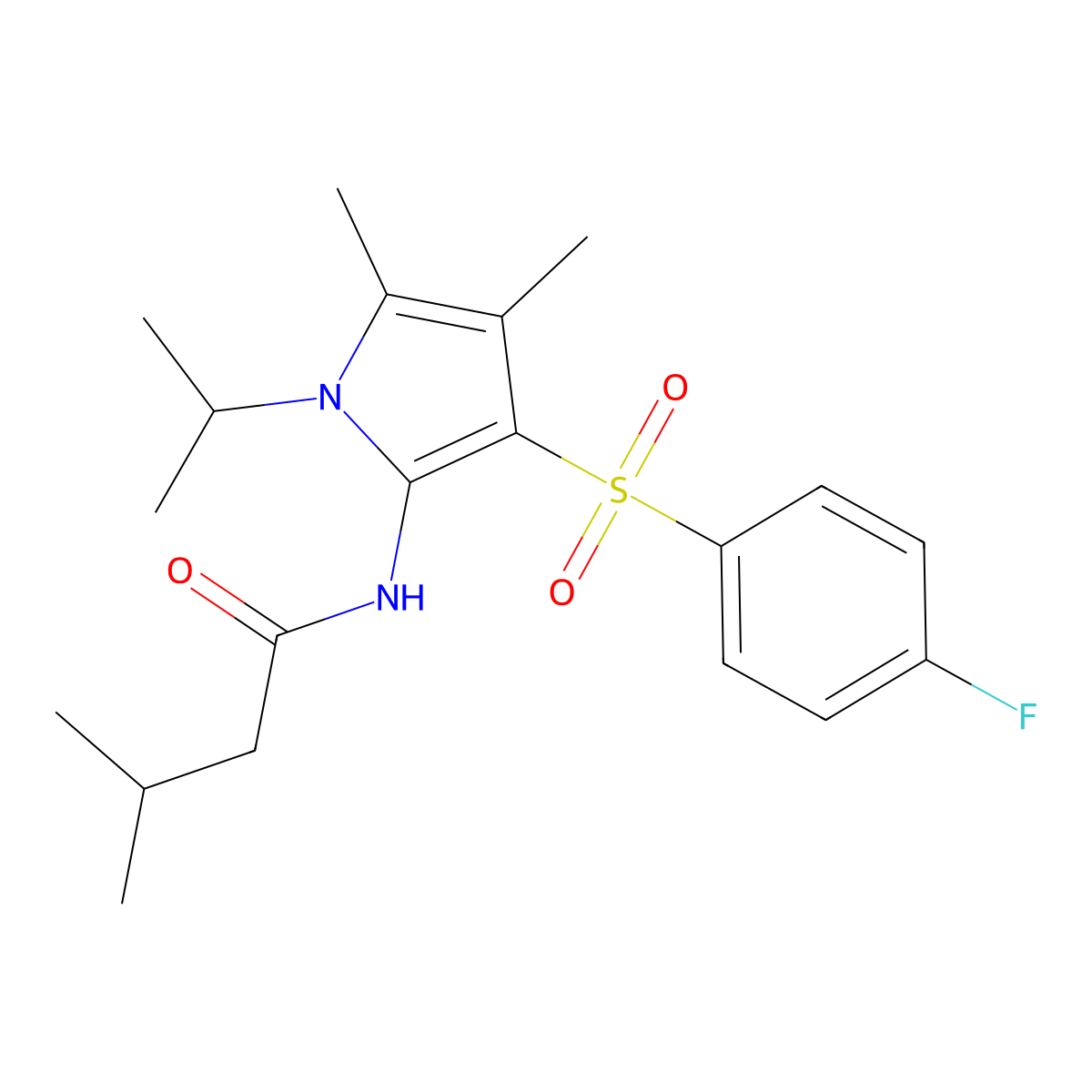 N-{3-[(4-fluorophenyl)sulfonyl]-4,5-dimethyl-1-(propan-2-yl)-1H-pyrrol-2-yl}-3-methylbutanamide molecular structure, CAS 1010882-01-5