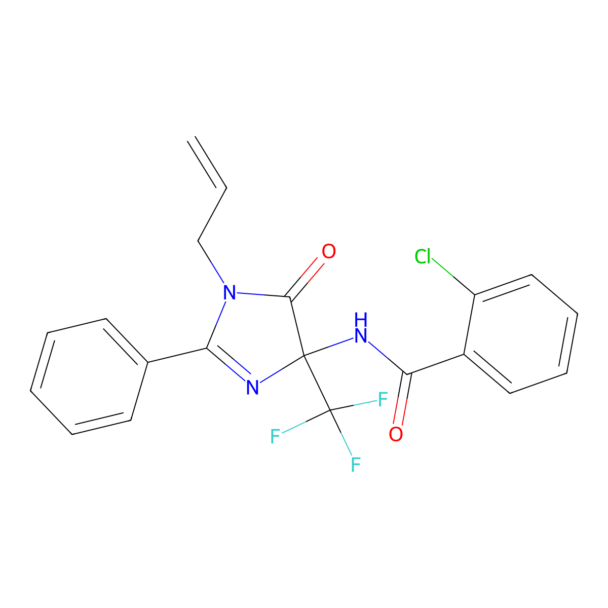 2-chloro-N-[5-oxo-2-phenyl-1-(prop-2-en-1-yl)-4-(trifluoromethyl)-4,5-dihydro-1H-imidazol-4-yl]benzamide molecular structure, CAS 1010882-14-0